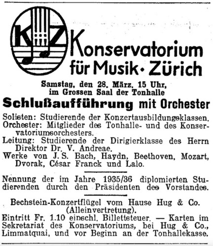 Bild:  1936.03.28. | Konservatorium für Musik Zürich | Schlußaufführung mit Orchester