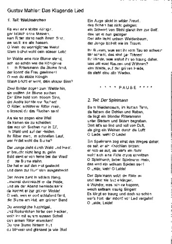 Bild:  Gustav Mahler - Das klagende Lied (Textblatt)