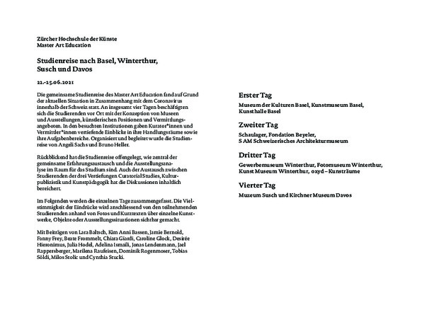 Picture: Bericht Studienreise nach Basel, Winterthur,  Susch und Davos, Master Art Education, 22.-25.06.2021 
