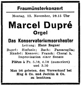 Bild:  1962.11.12.|NZZ|Konzert Marcel Dupré (Fraumünster Zürich)