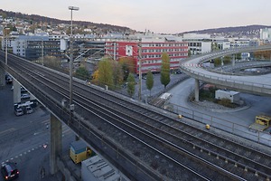 Bild:  SBB Viadukt Herdern, Förrlibuckstrtasse, Gewerbe- und Bürobauten Hardturmstrasse, Rampe Toni-Areal