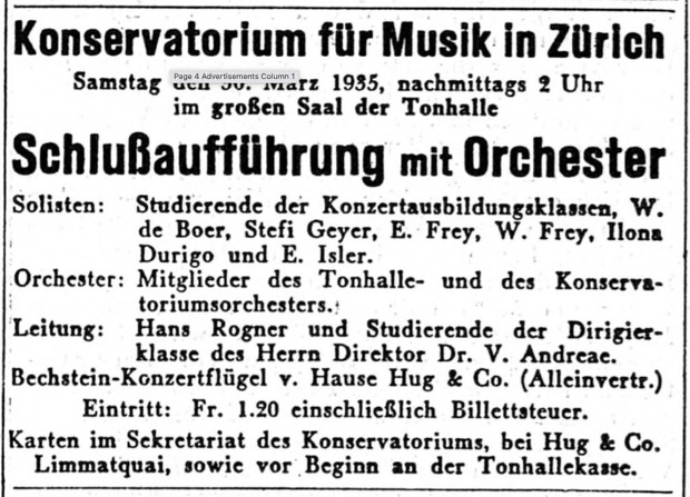 Bild:  1935.03.30. | Konservatorium für Musik in Zürich | Schlußaufführung mit Orchester