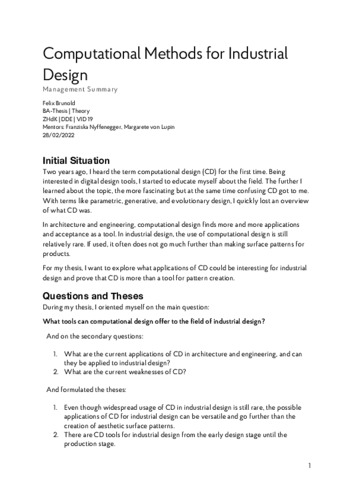 Bild:  Computational Methods for Industrial Design - Management Summary