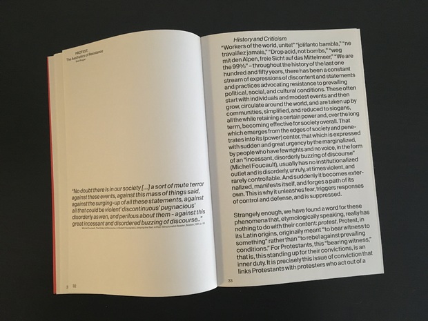 Picture: Seitenansicht aus: Rogger, Basil/Vögeli, Jonas/Widmer, Ruedi (Hg.): "Protest. The Aesthetics of Resistance". Zürich, Lars Müller Publishers, 2018.