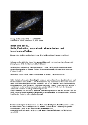 Picture: Programm Veranstaltung «much ado about... Kritik, Evaluation, Innovation in künstlerischen und forschenden Feldern» mit Ruth Schweikert im Literaturhaus