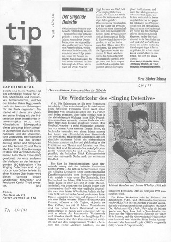 Bild:  Presseartikel zu experiMENTAL 1996, Dennis Potter Retrospektive