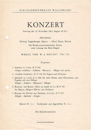 Bild:  1961.11.19. | Konzert | Orchester Konservatorium Zürich