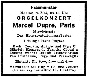 Bild:  1962.05.07.|Konzert Marcel Dupré (Fraumünster Zürich)